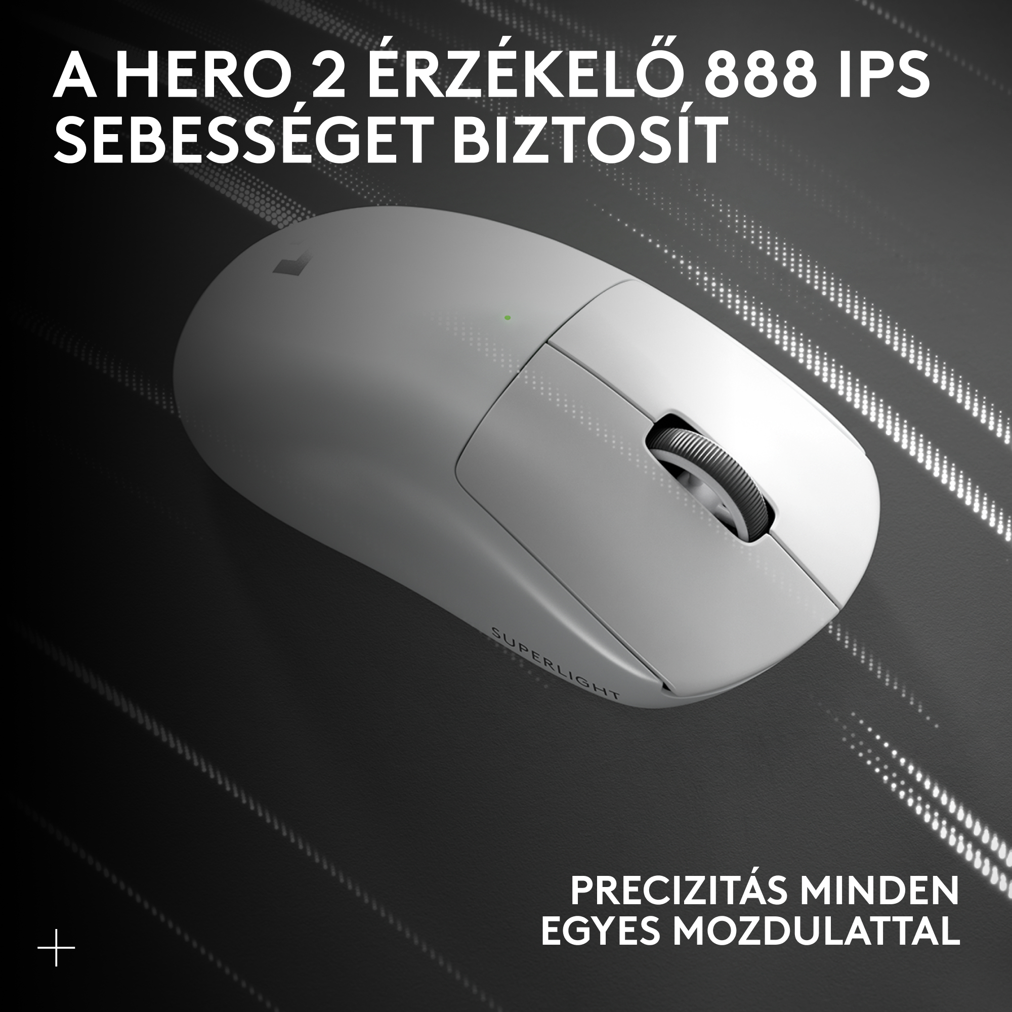 Egy fehér gamer egér görgetőkerékkel és "Superlight" felirattal.