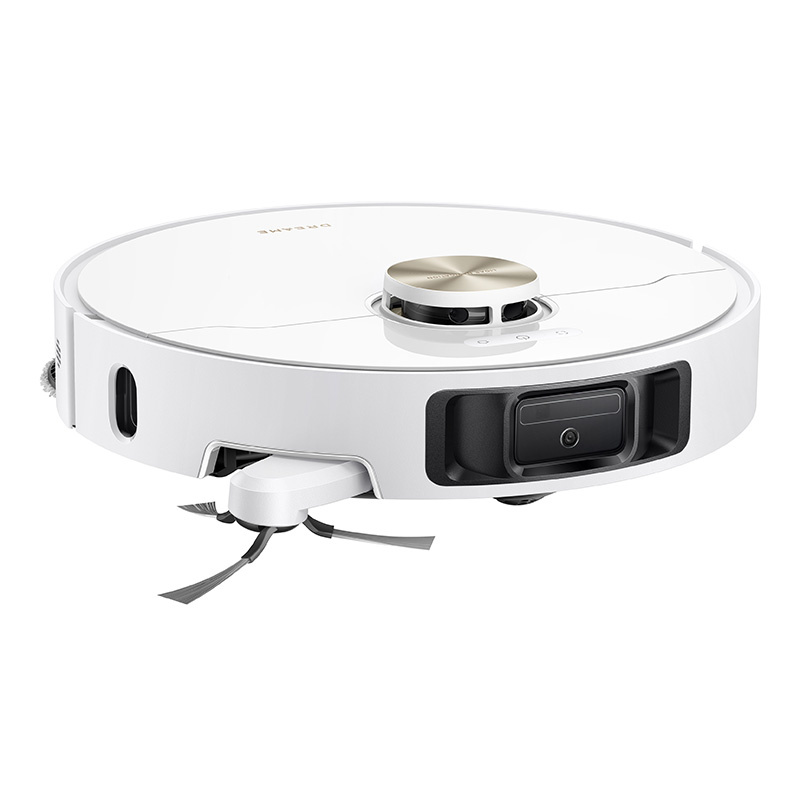 Egy fehér robotporszívó kefékkel és előlapi kamerával.
