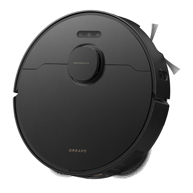 Fekete robotporszívó lidar navigációval, kefékkel és felső kezelőszervekkel.