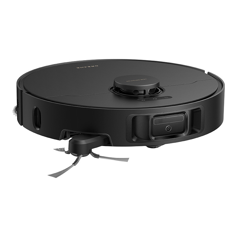 Egy fekete robotporszívó elöl forgó kefékkel.