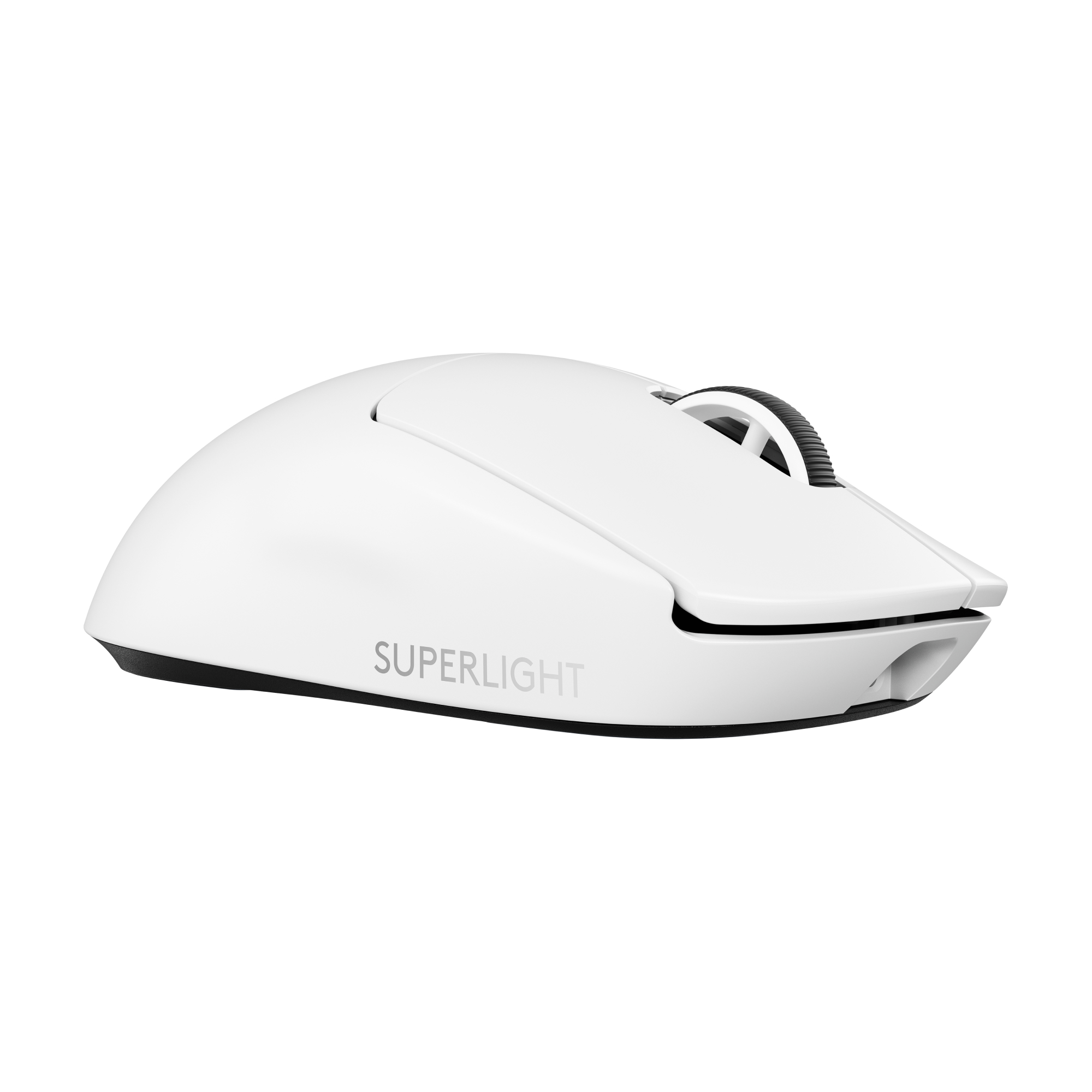 Fehér vezeték nélküli gamer egér fekete görgetőkerékkel és "SUPERLIGHT" felirattal.
