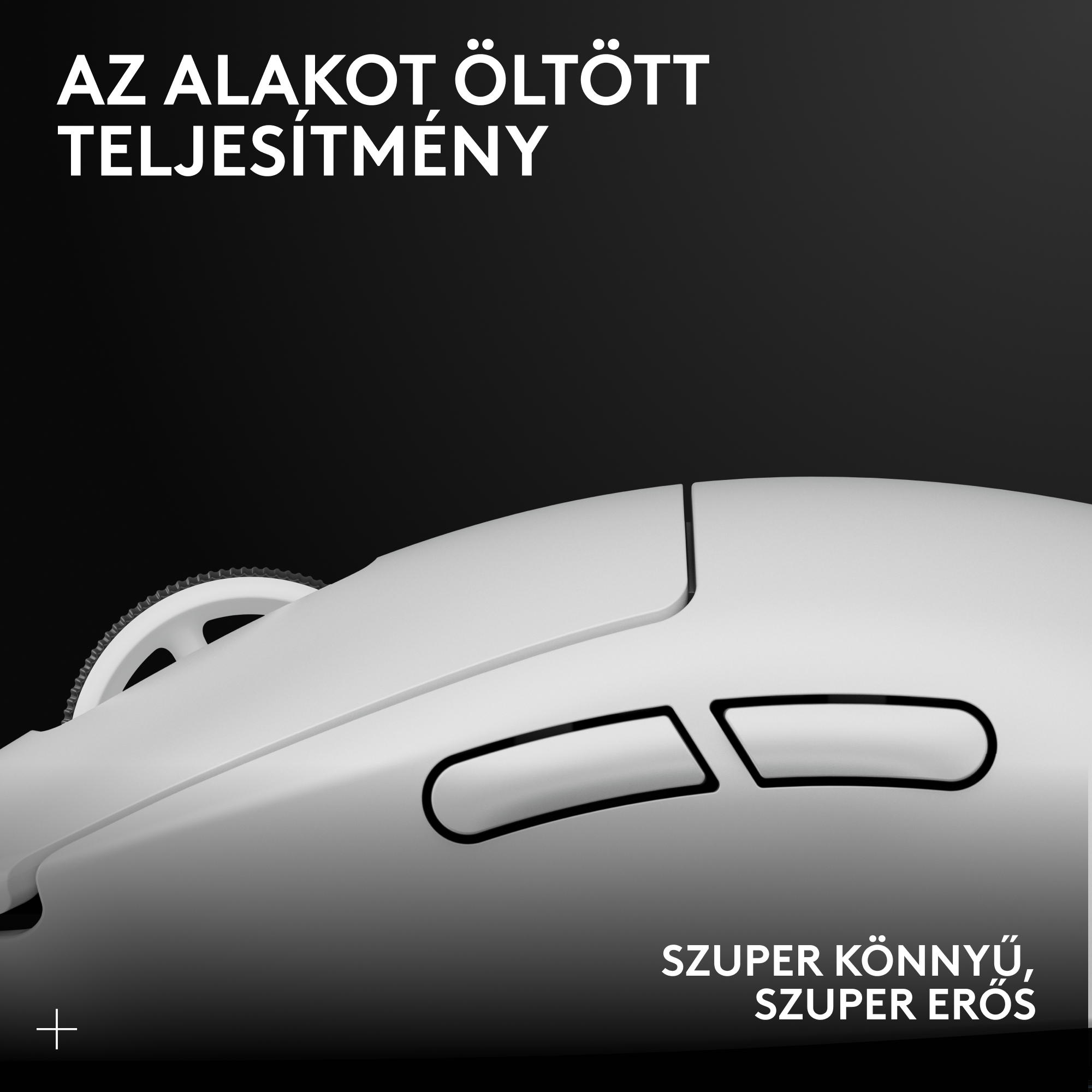 Fehér egér görgetőkerékkel és két gombbal. Szöveg: Szuper könnyű, szuper erős.