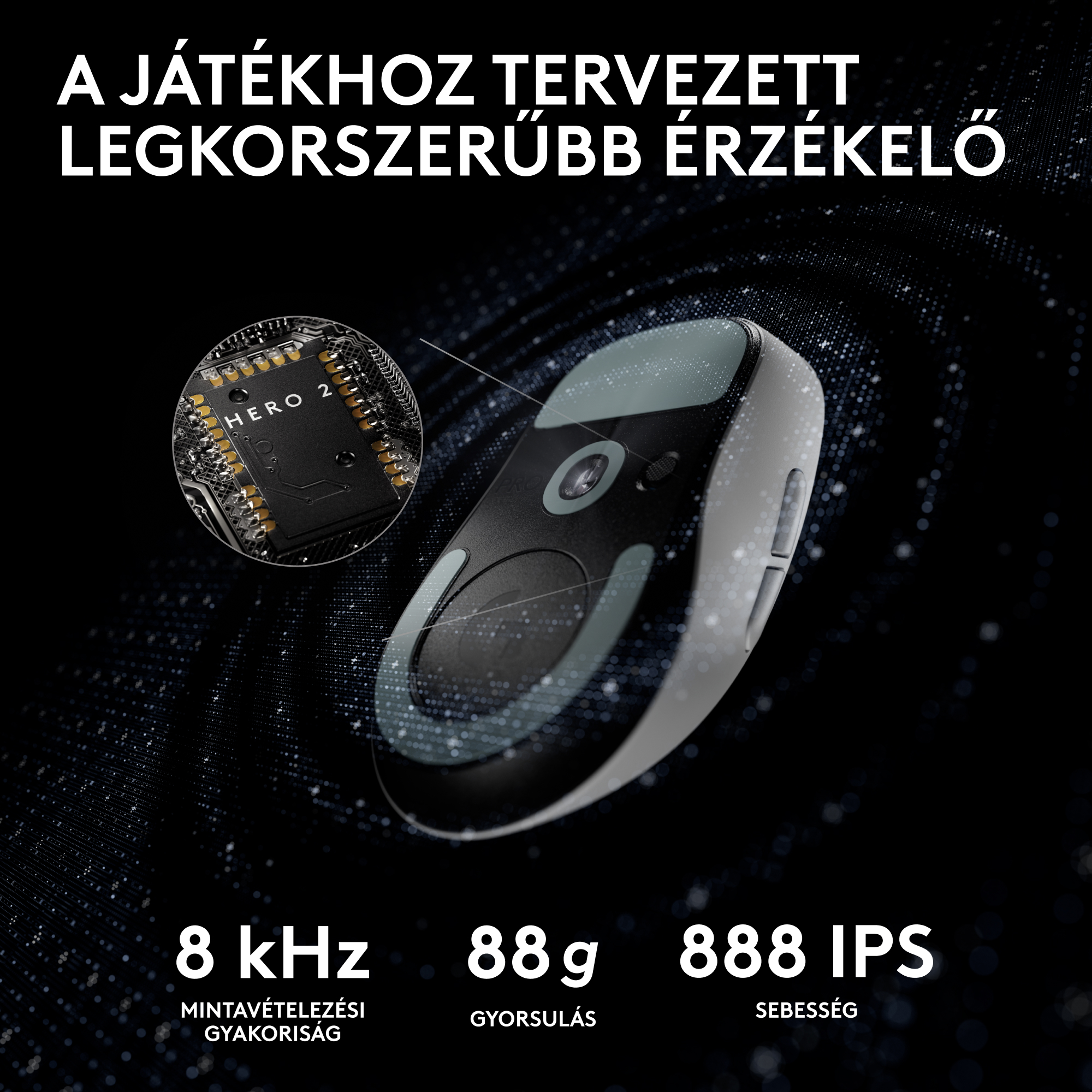 Gaming érzékelő HERO 2 chip-pel, 8kHz mintavételezés, 88g súly, 888 IPS.