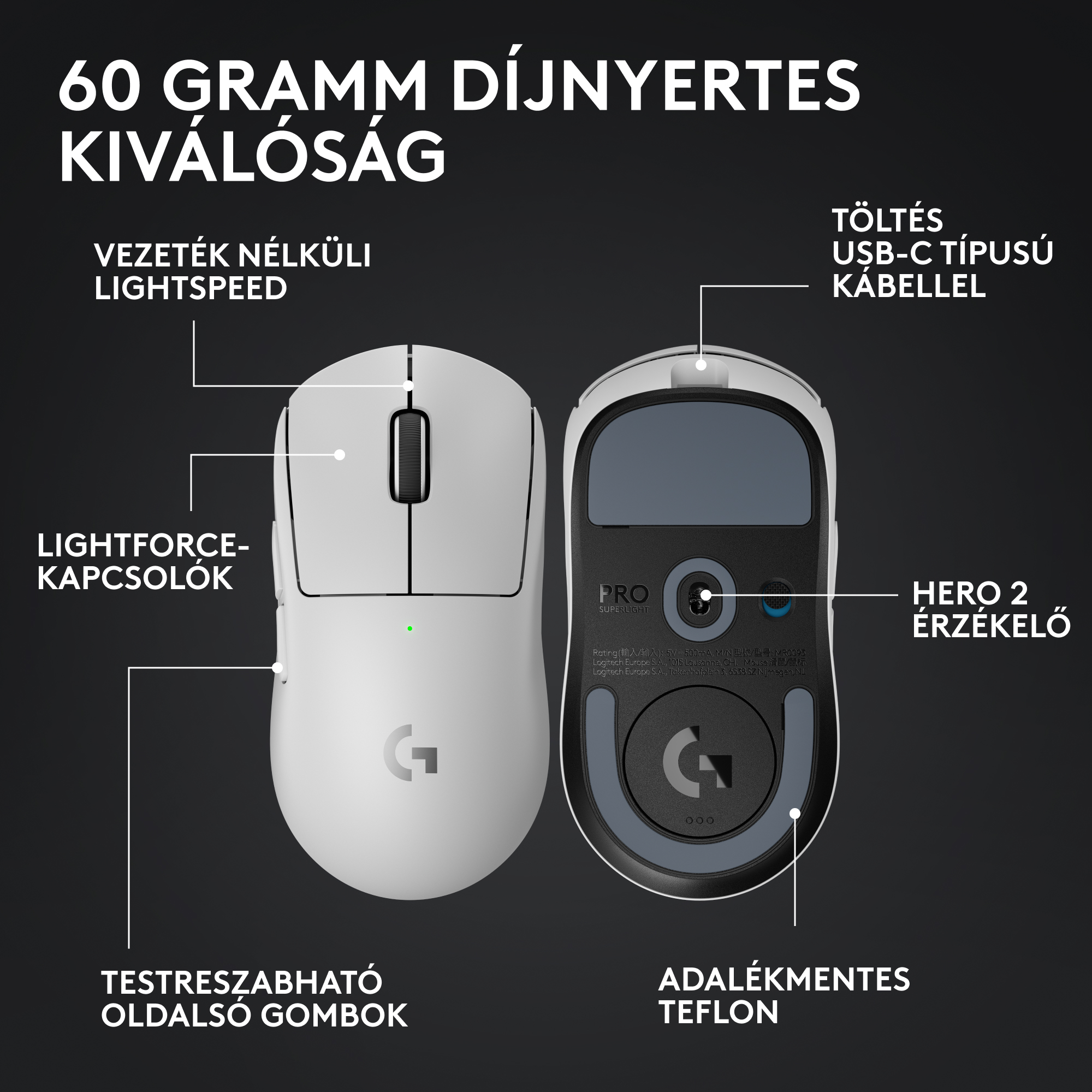Két fehér Logitech gamer egér, elölnézet és hátulnézet, technikai részletekkel.