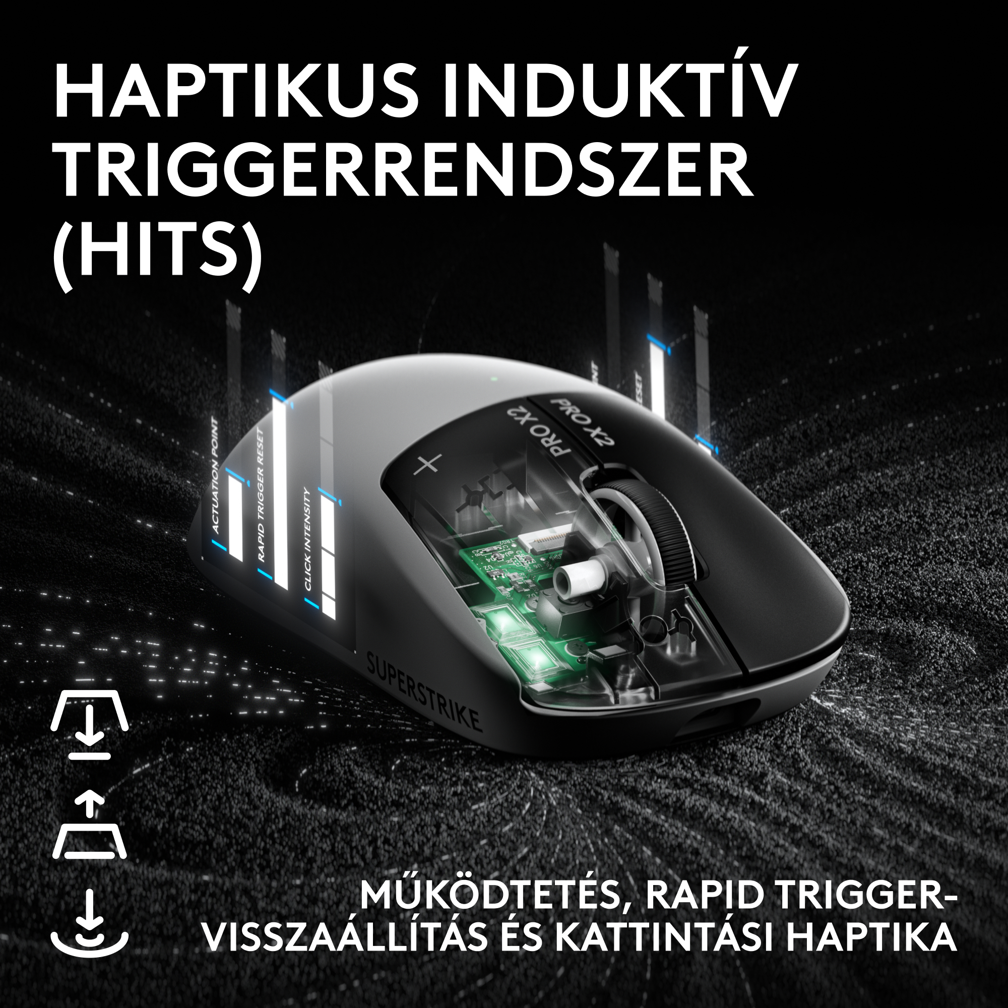 Gaming egér nyitott házzal, belső zöld áramköri lappal és szöveggel.
