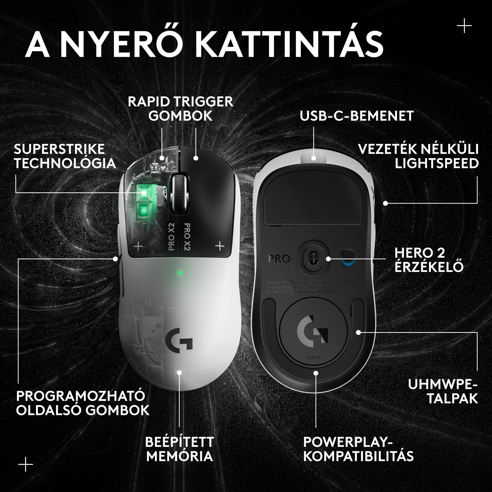 Egy fehér és fekete gamer egér részletes technikai jellemzőkkel.