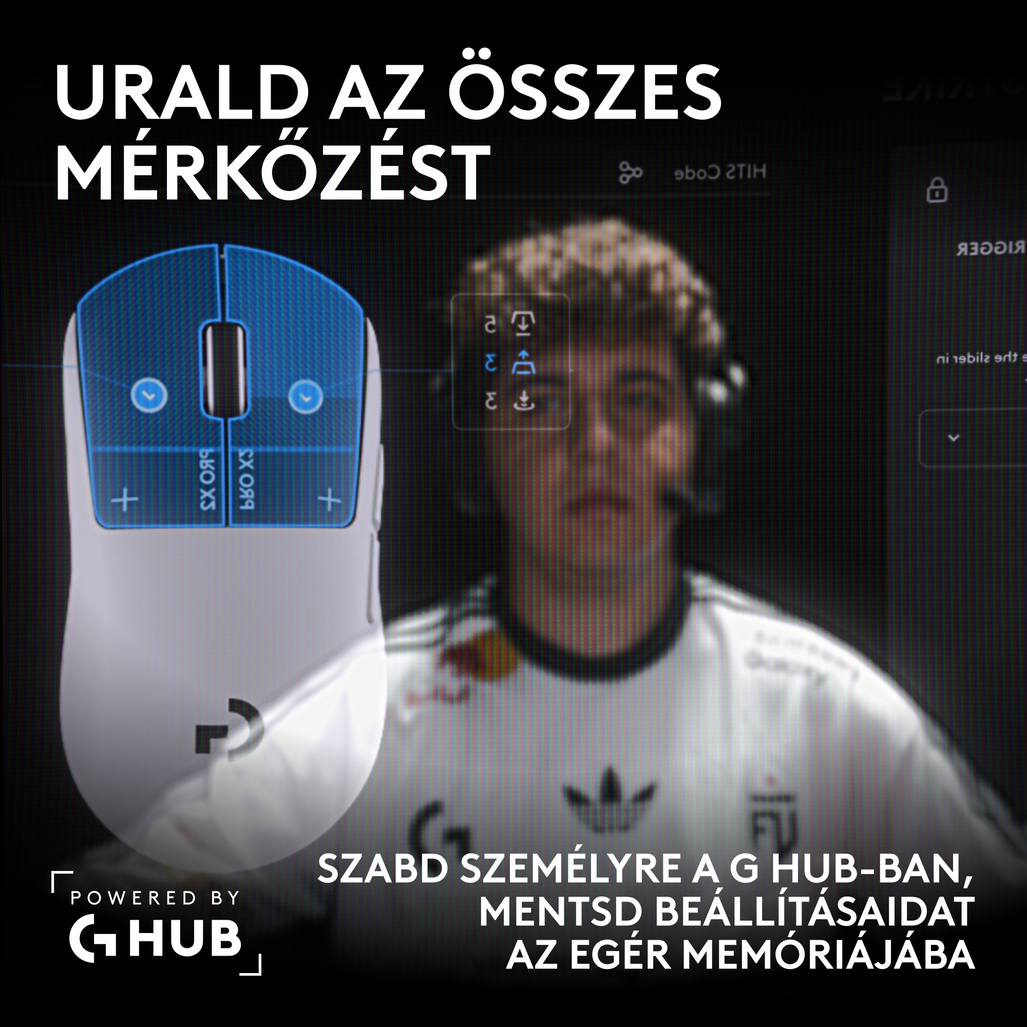 Fehér egér kék díszítéssel és játékos a háttérben.