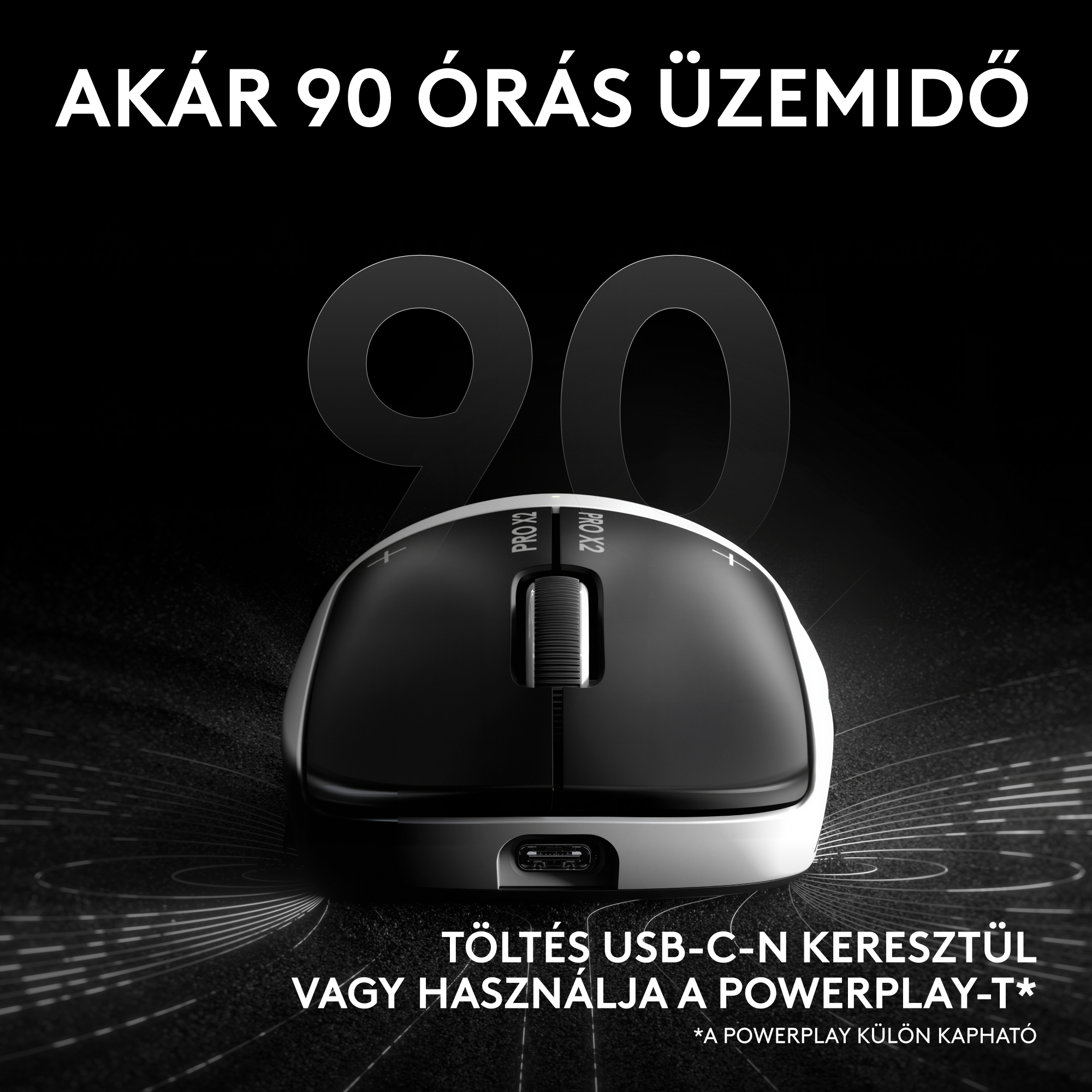Fekete egér USB-C porttal. "Akár 90 óra üzemidő".