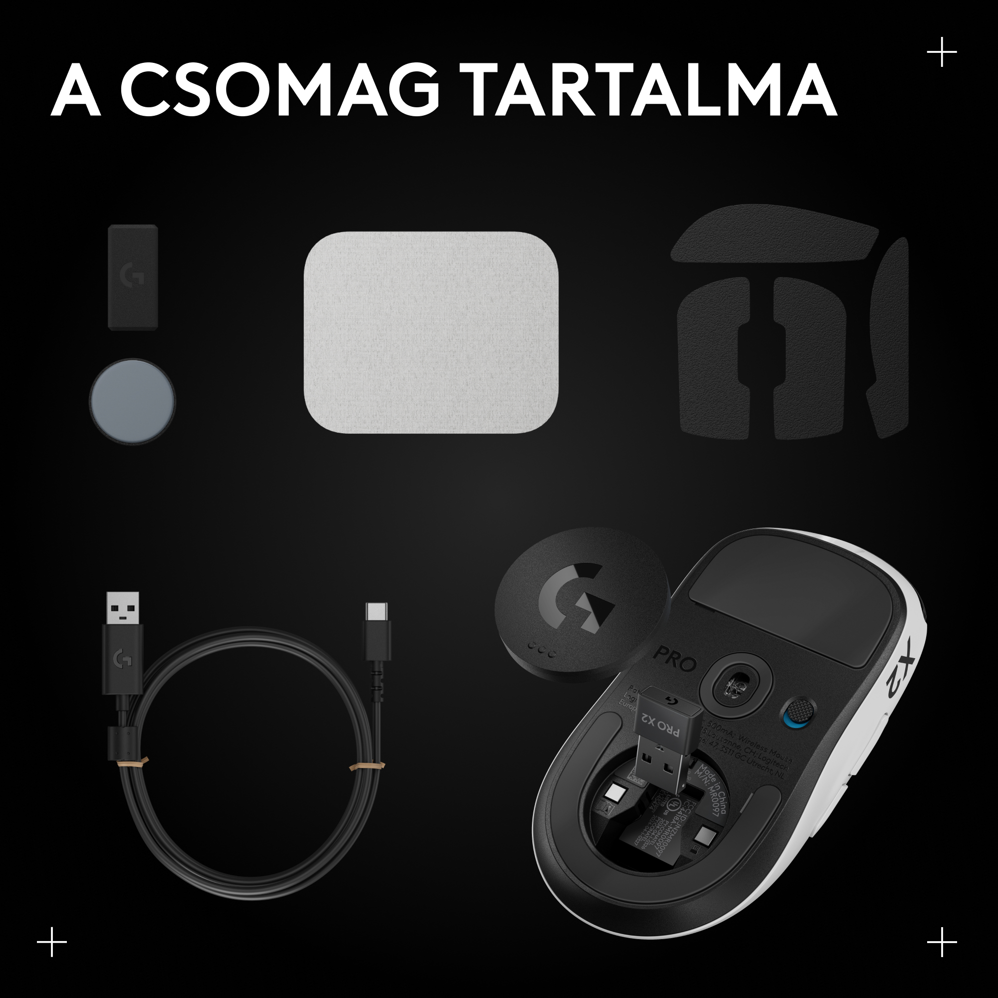 Logitech egér tartozékok: egér, töltőkábel, hardverkulcs, matricák, pótpárnák.