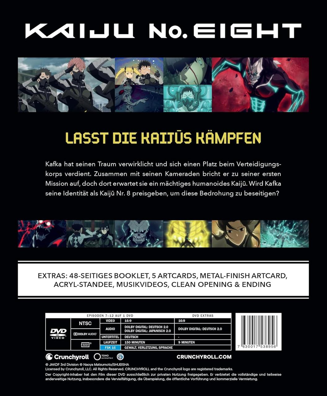 Anime-Cover mit Titel "Kaiju No. 8", Charakteren und DVD-Details.