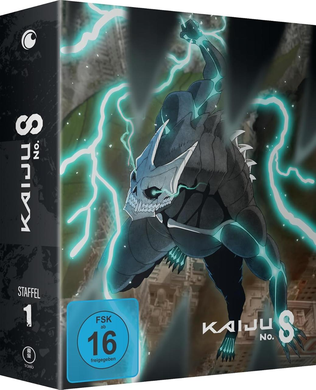 Kaiju Nr. 8 Anime Box: Ein monsterartiger Charakter mit leuchtenden blauen Linien, umgeben von Blitzen.