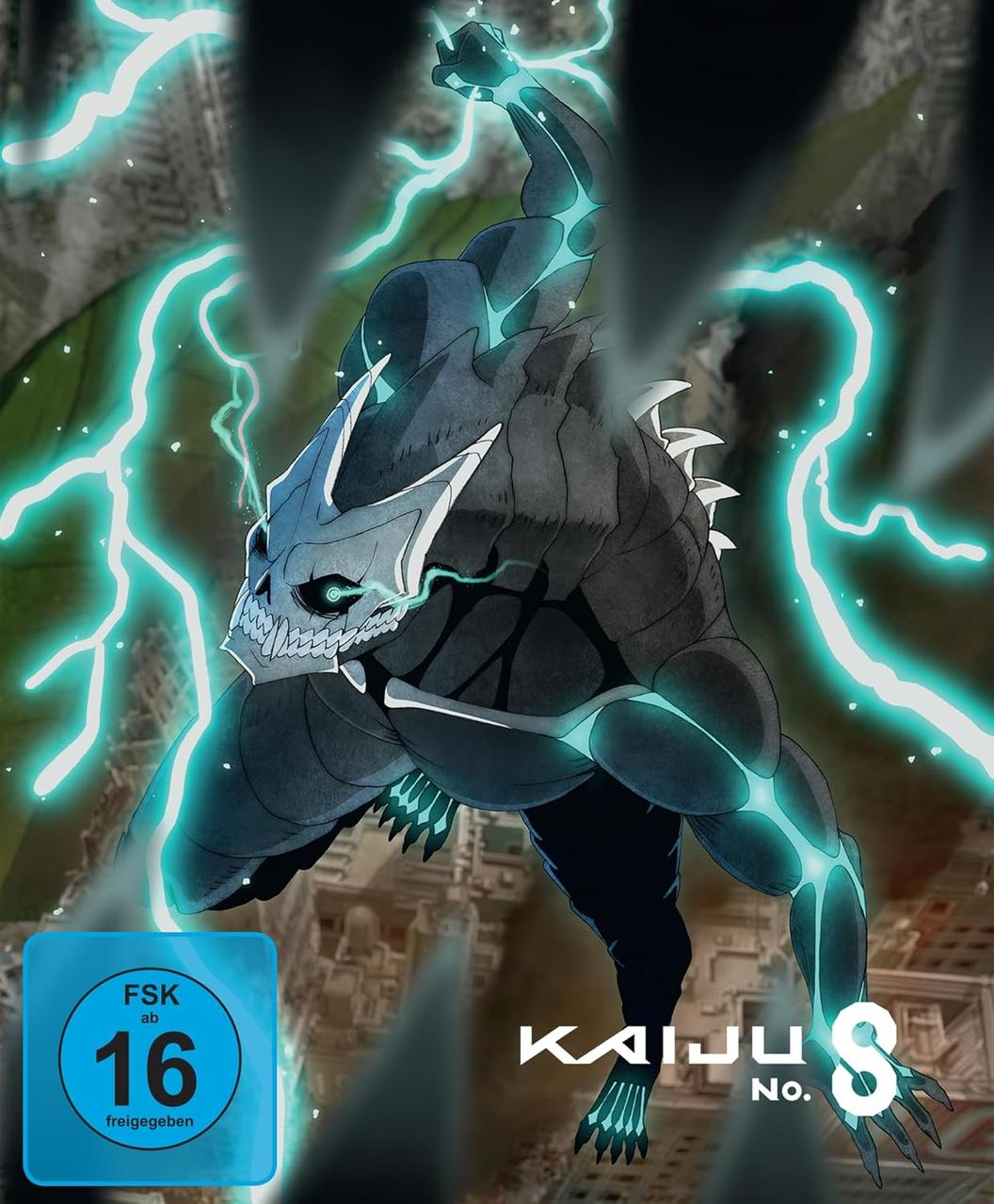 Ein Monster mit leuchtenden blauen Energieadern inmitten von Blitzen.