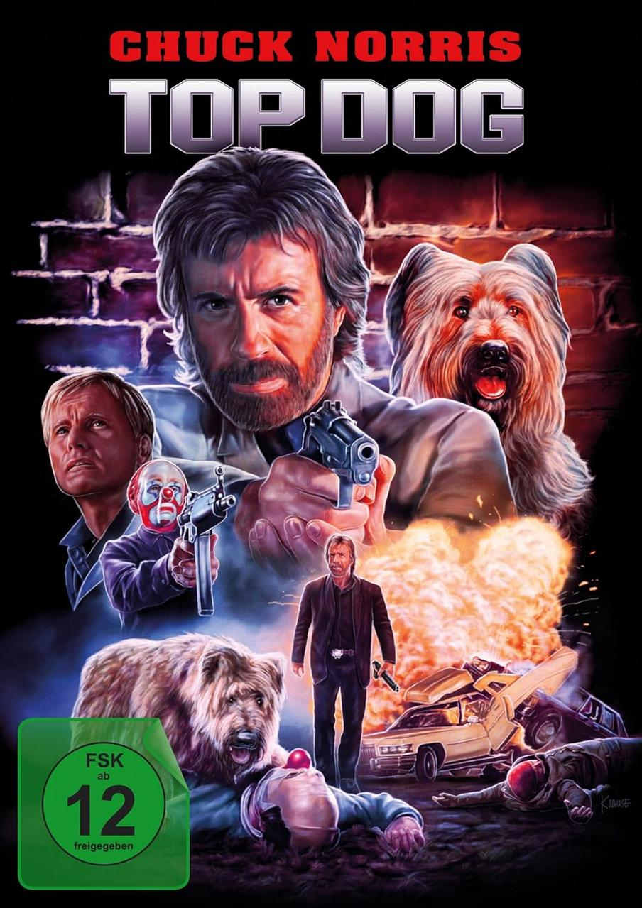 Chuck Norris mit Hund und Explosionen, FSK 12 Siegel.