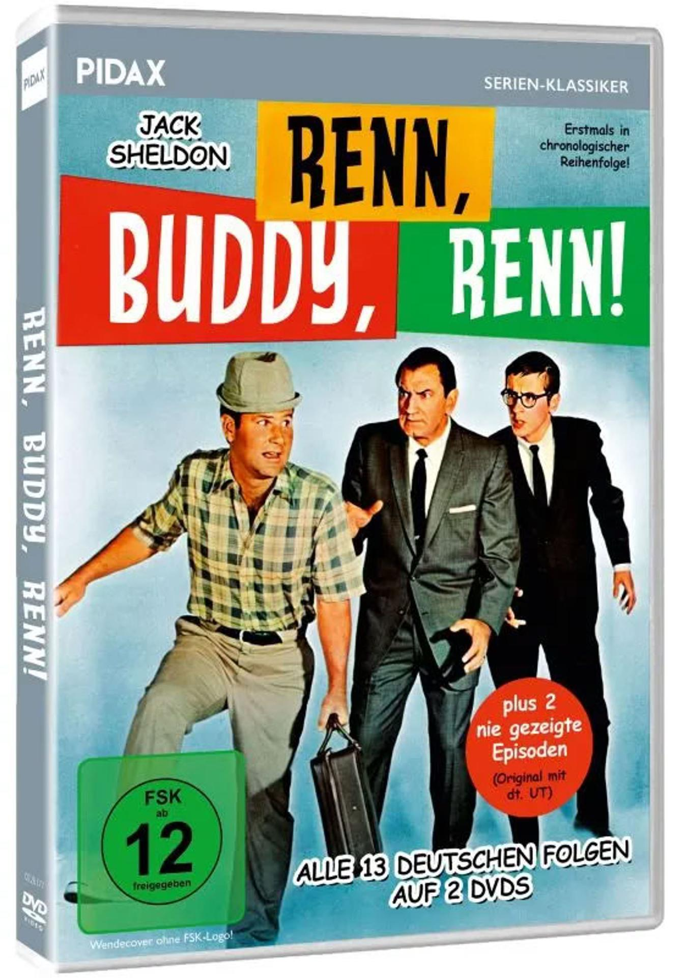 Drei Männer im Anzug und Hemd, einer mit Hut, auf einer DVD-Hülle "Renn, Buddy, Renn!".