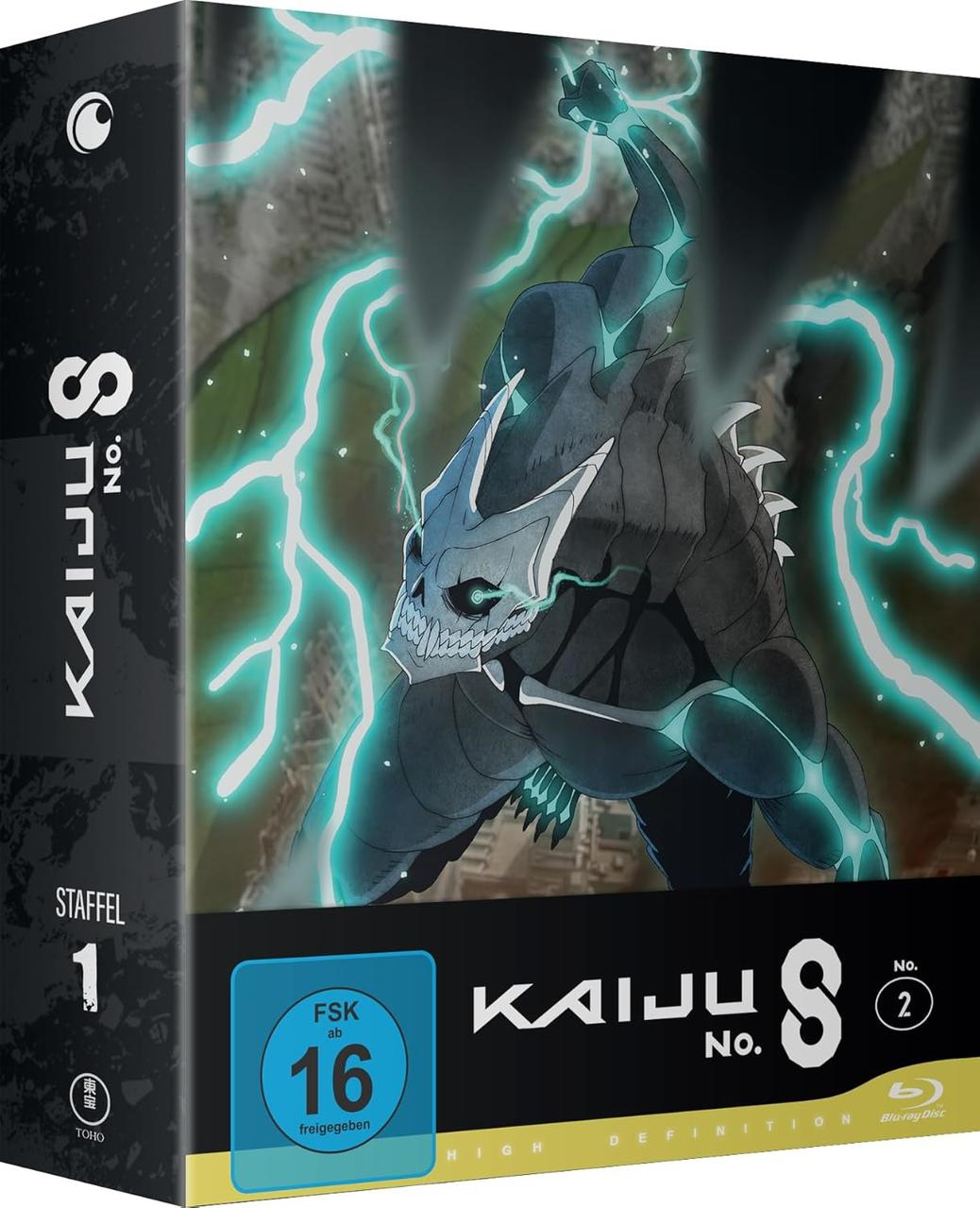 Kaiju Nr. 8 Staffel 1 Blu-ray-Cover mit einem Monster und Blitz.