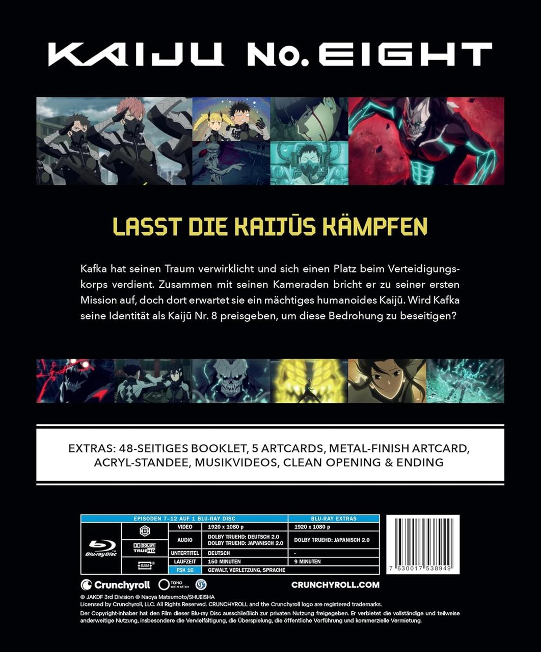 Kaiju No. Eight Blu-ray Cover mit Anime-Szenen, Text und technischen Details.