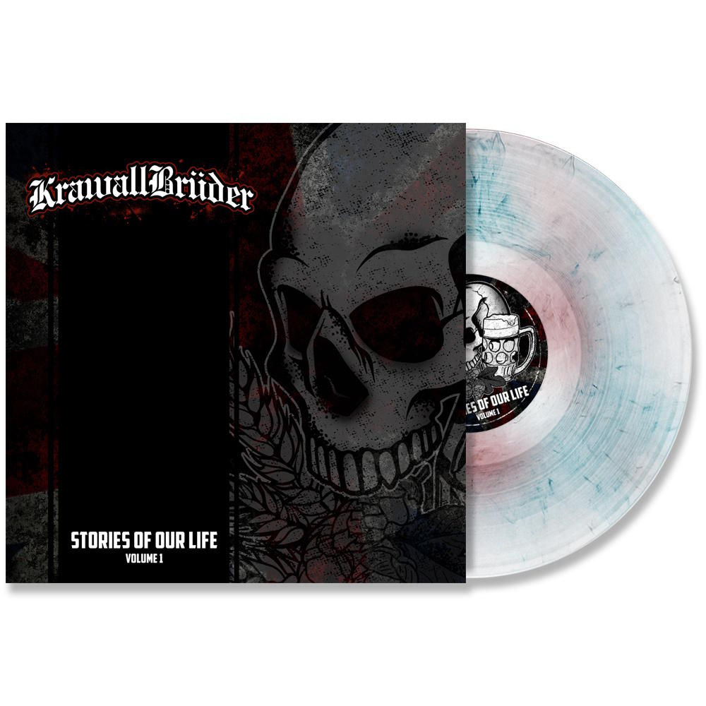 Schwarze Vinyl-Schallplatte mit Totenkopf-Cover und blau-weißen Marmorierungen.