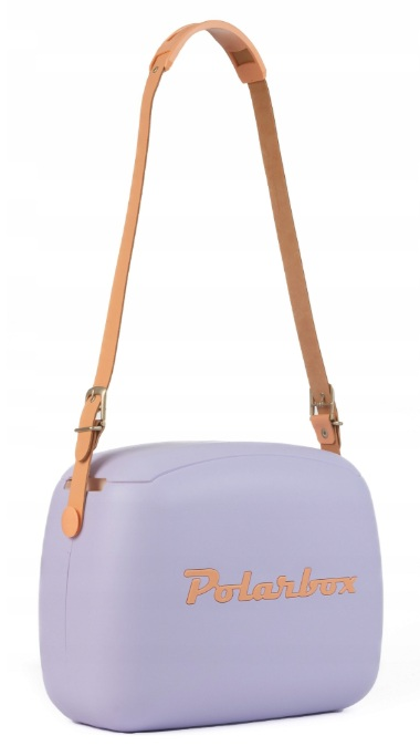 Lawendowa torba z jasnobrązowymi skórzanymi paskami i logo Polarbox.
