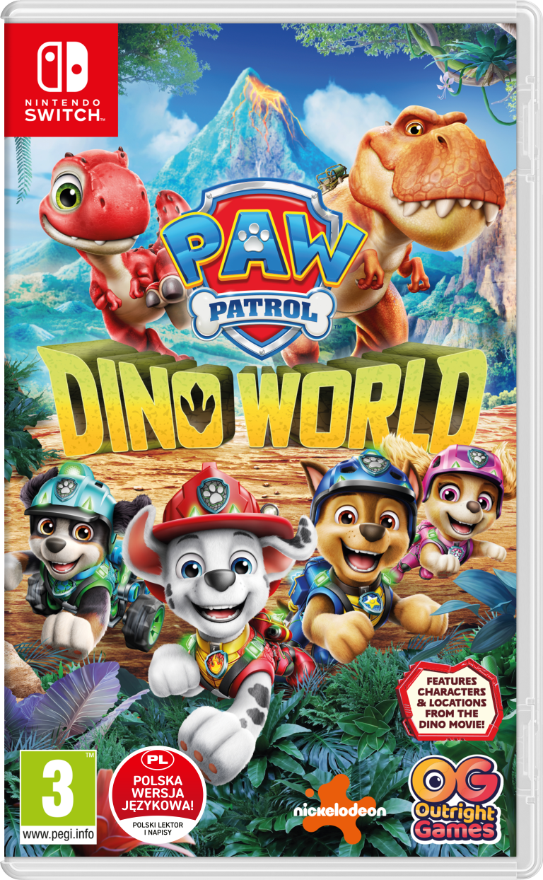 Gra Paw Patrol Dino World na Nintendo Switch z dinozaurami i szczeniakami.