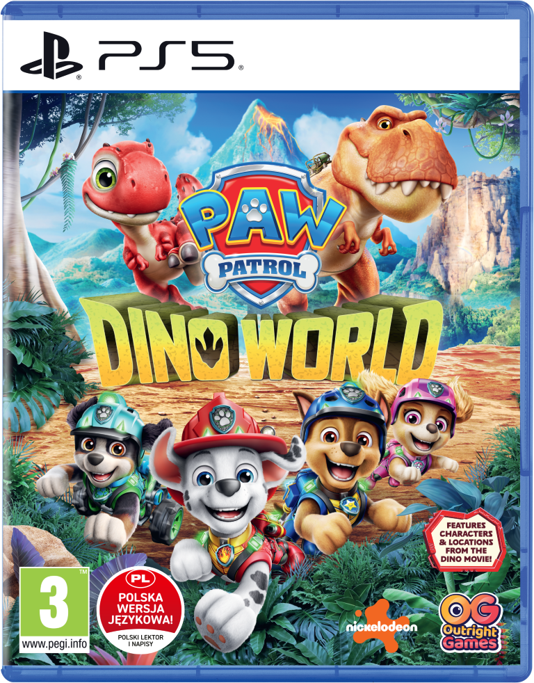 Okładka PS5 Paw Patrol Dino World: Psy, dinozaury, dżungla i góry.