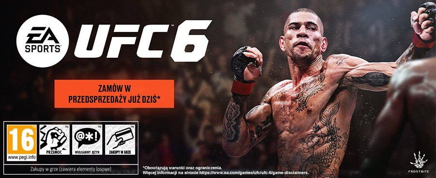 EA Sports UFC 6: Tatuowany zawodnik w ringu. Pomarańczowy przycisk z polskim tekstem.