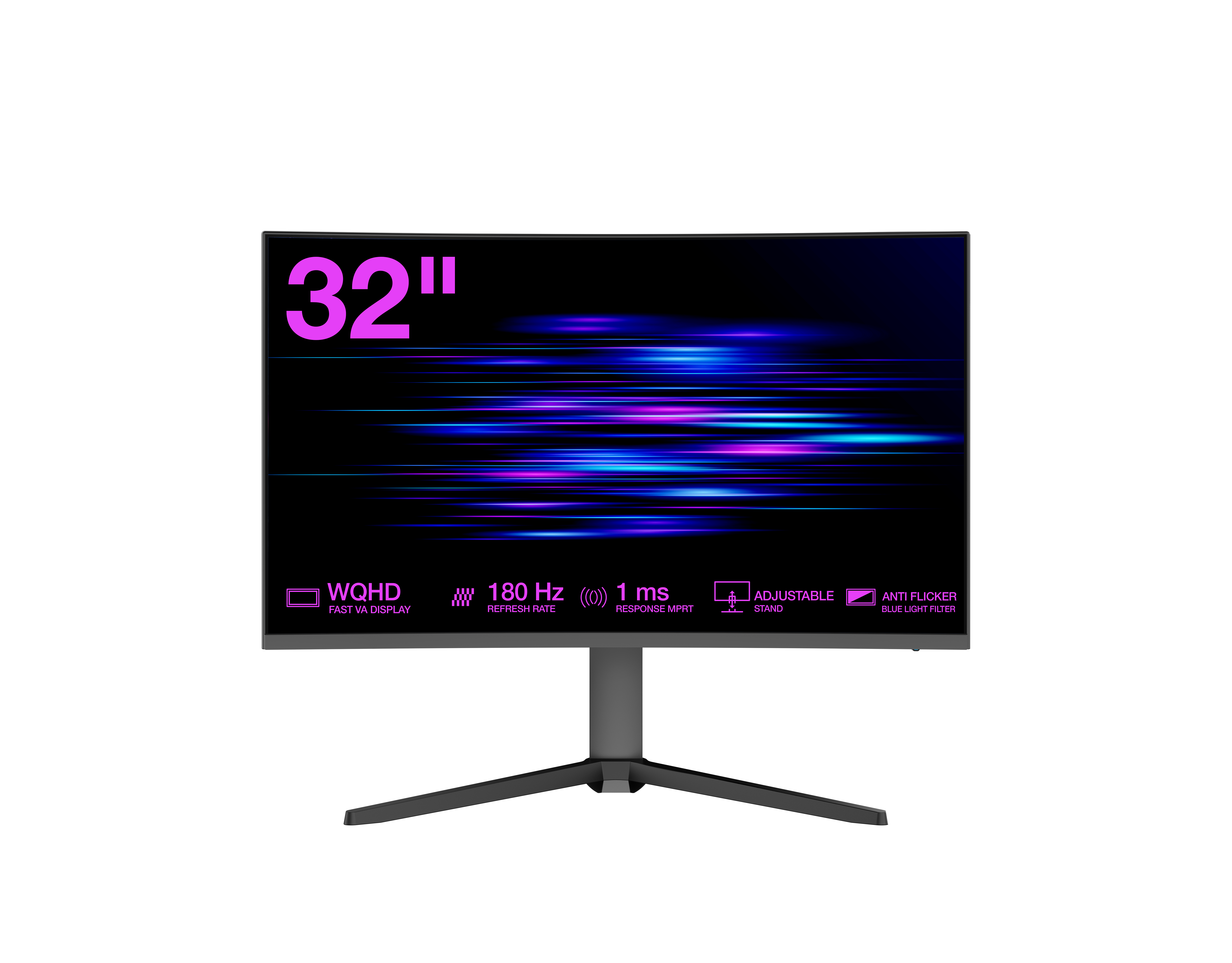 32" WQHD monitör, 180 Hz yenileme hızı, 1 ms tepki süresi.