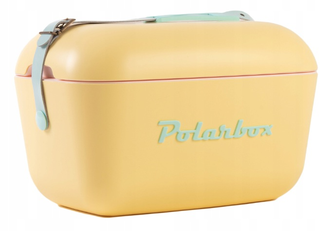 Żółta lodówka z jasnoniebieskimi paskami i logo Polarbox.