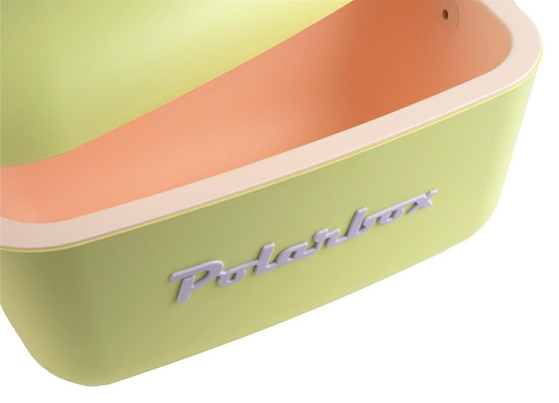Jasnozielony pojemnik z napisem "Polarbox" w kolorze fioletowym.