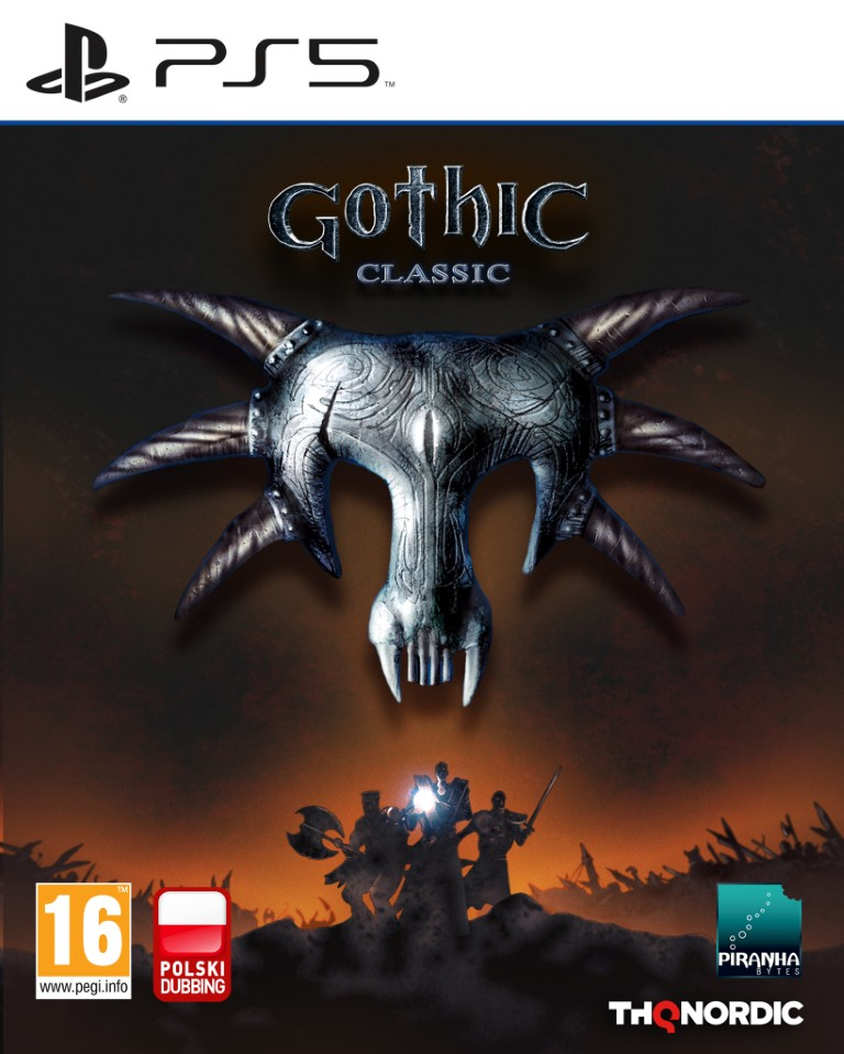 Okładka Gothic Classic na PS5 z hełmem czaszki i wojownikami.