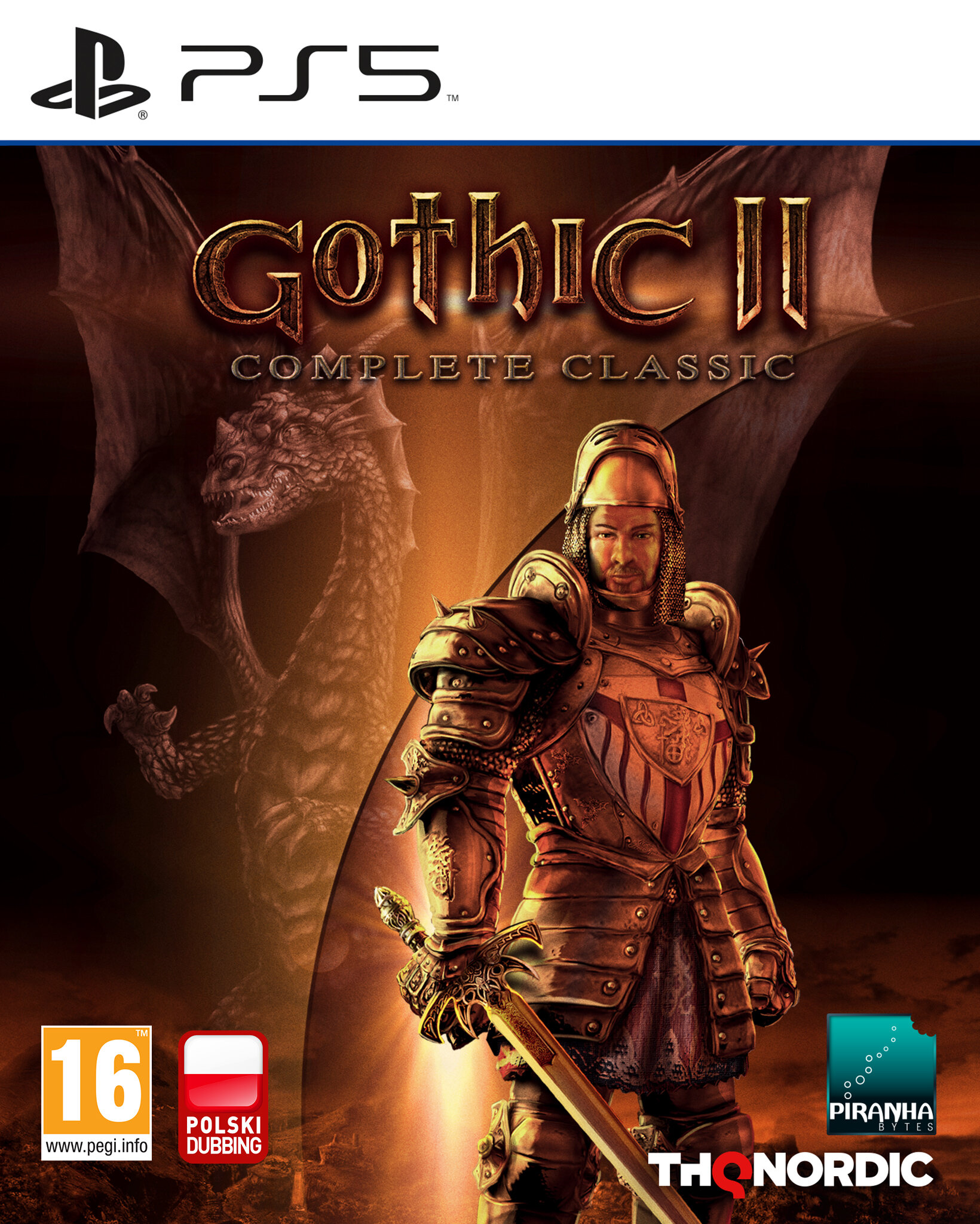 Rycerz w zbroi przed smokiem, okładka gry Gothic II Complete Classic PS5.