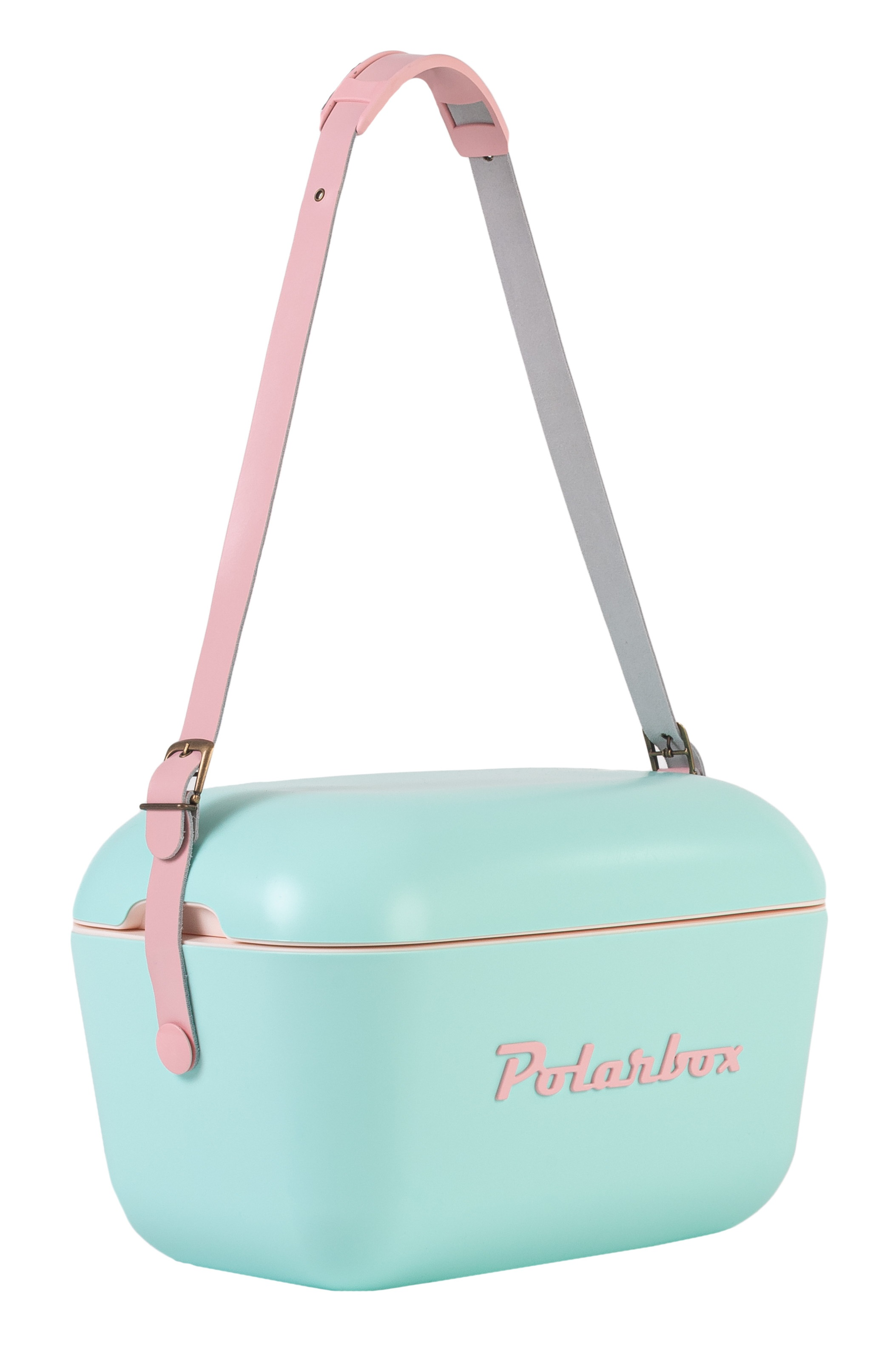 Jasnoniebieska torba termiczna z różowymi i szarymi paskami, z logo Polarbox.