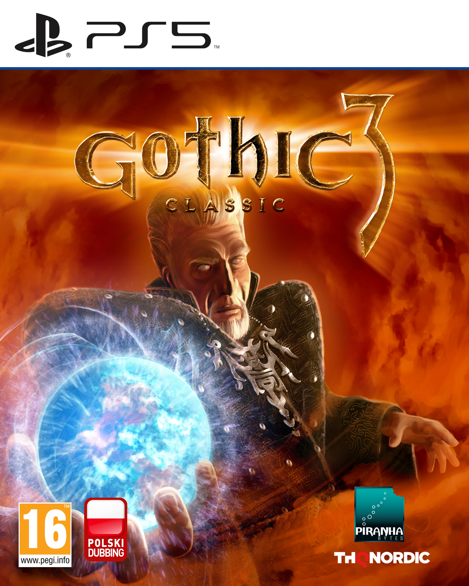 Mężczyzna z brodą trzyma świecącą niebieską kulę. Logo "Gothic 3 Classic" na górze.