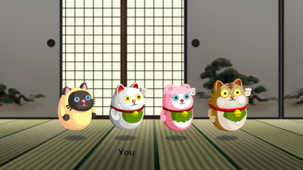 Cztery stylizowane figurki Maneki-neko unoszą się przed japońskimi drzwiami przesuwnymi.