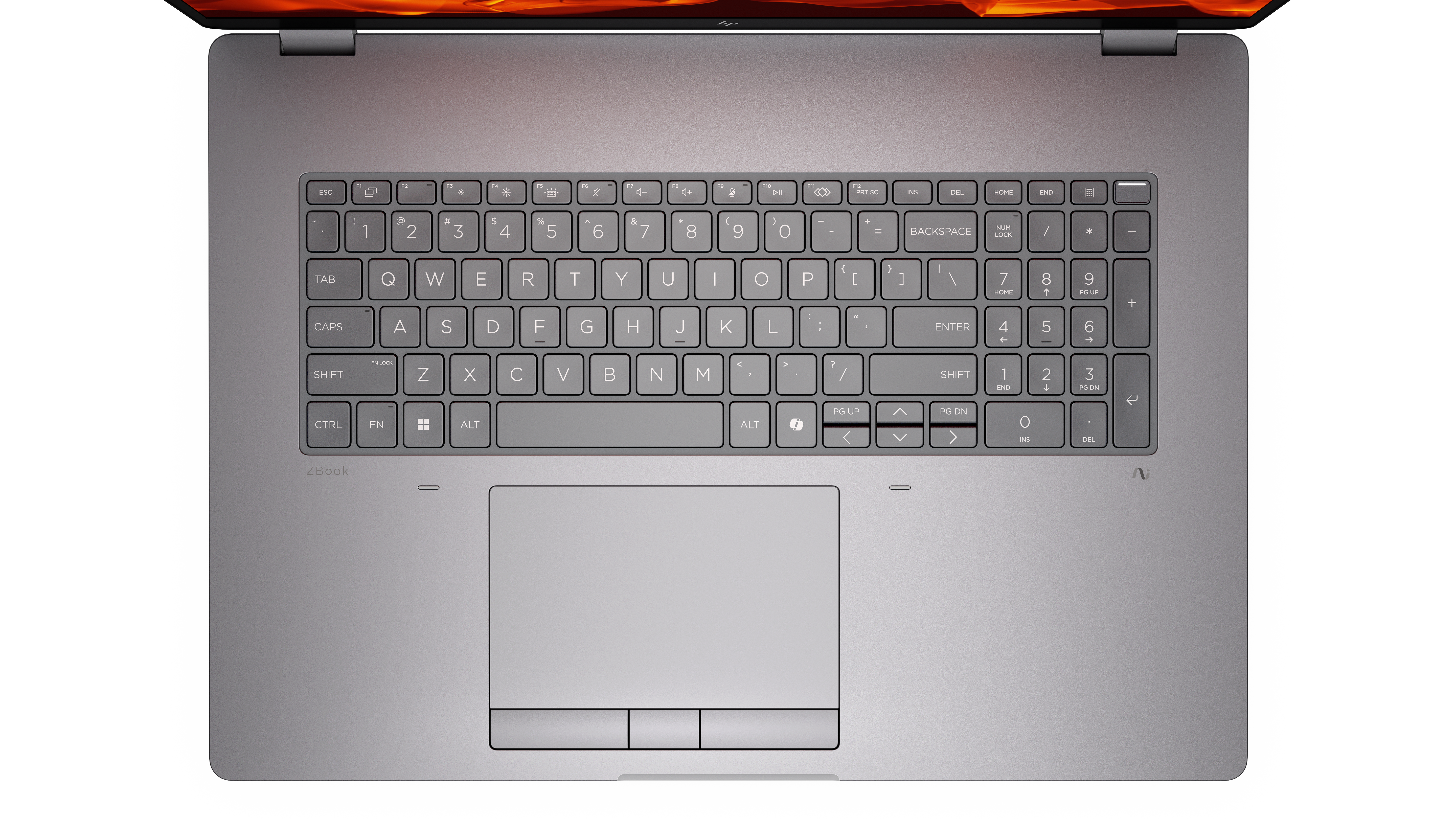 Grauer Laptop mit Tastatur und Touchpad, beleuchtetem Bildschirm.