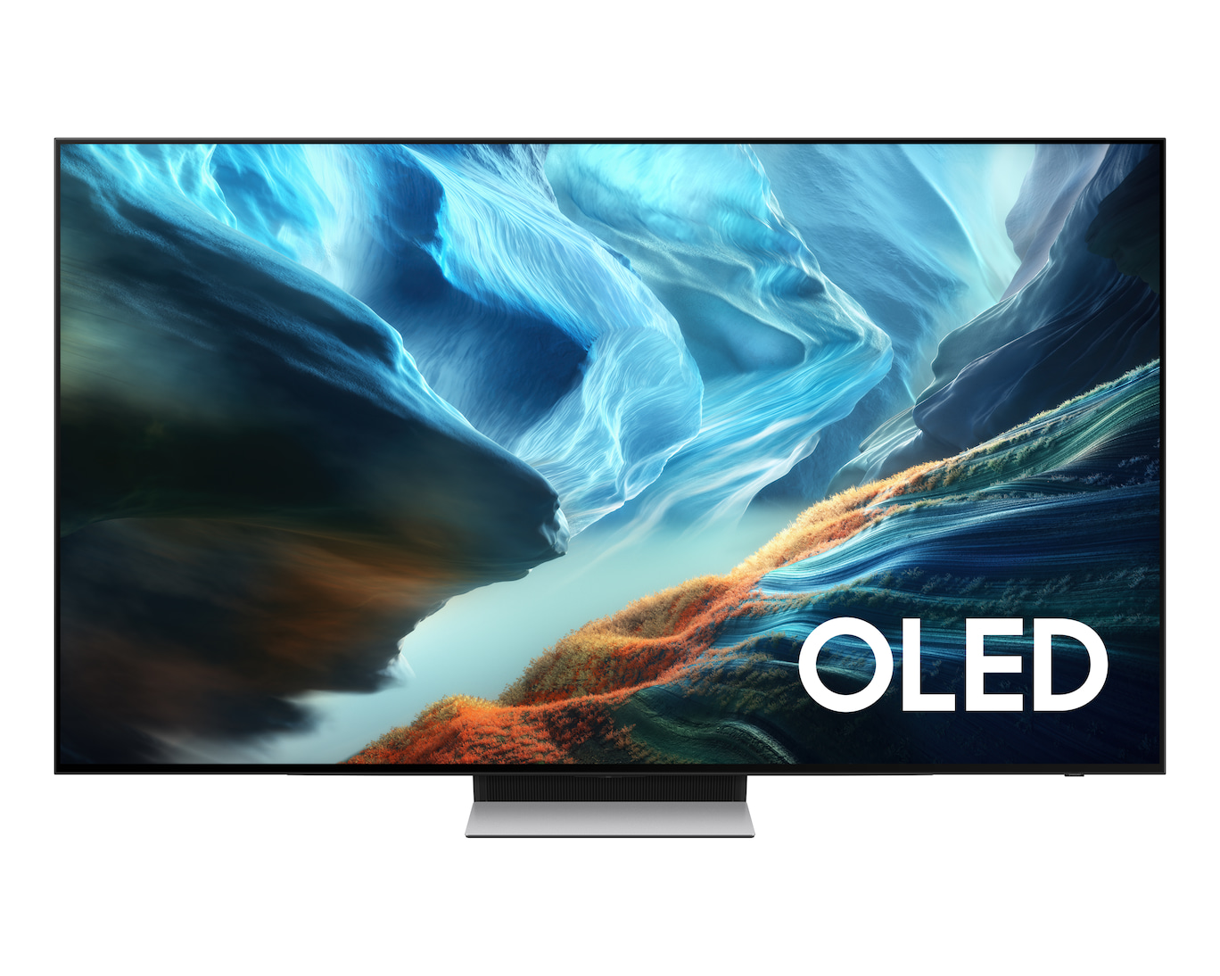 Nowoczesny telewizor wyświetlający abstrakcyjny obraz w kolorach niebieskim i pomarańczowym, z napisem OLED.