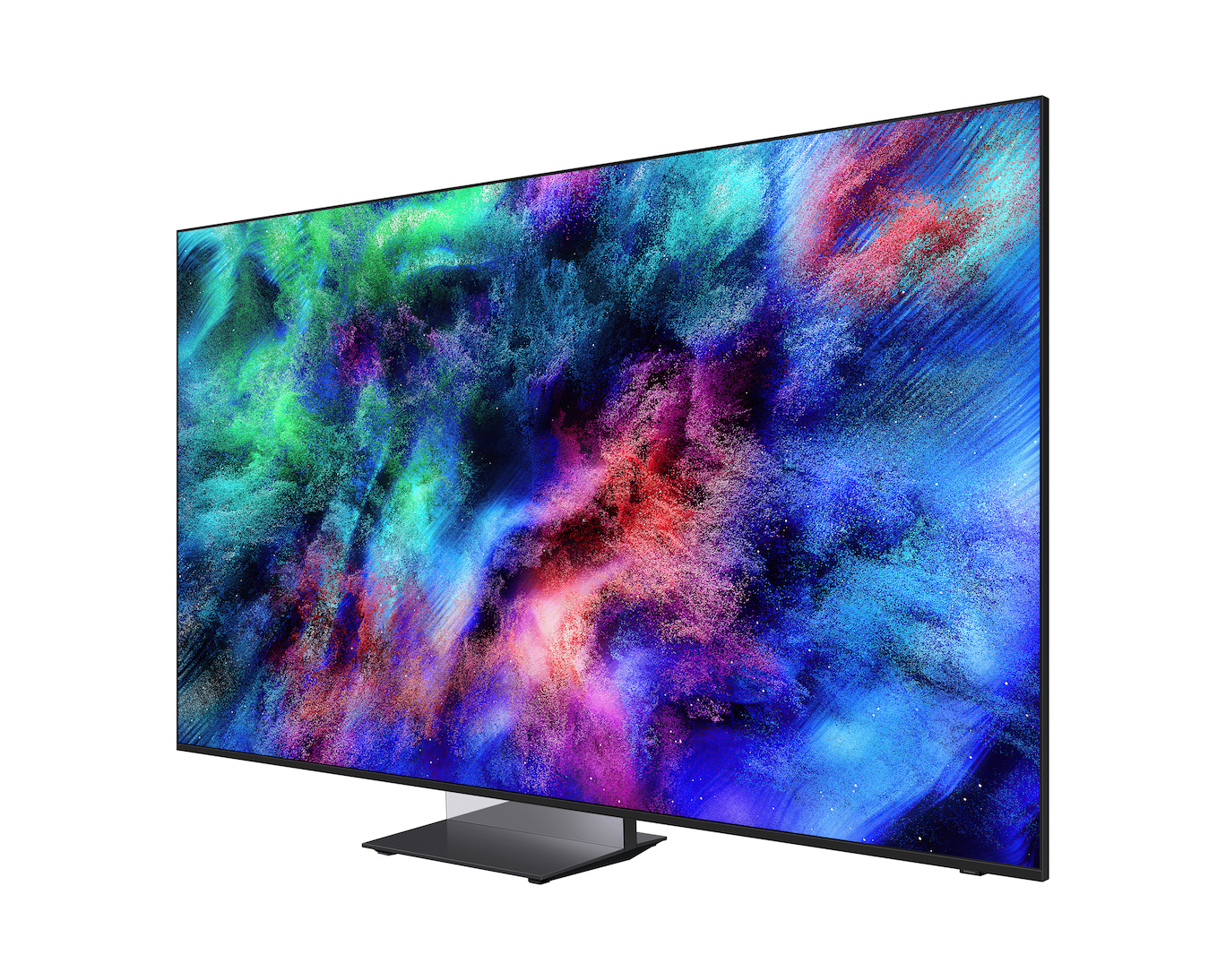 Nowoczesny telewizor z płaskim ekranem wyświetlający żywy, abstrakcyjny kolorowy obraz.