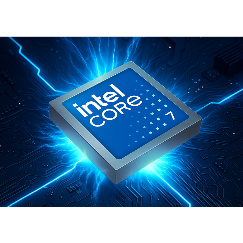 Un processeur Intel Core 7 sur une carte de circuit bleue avec des lignes lumineuses.