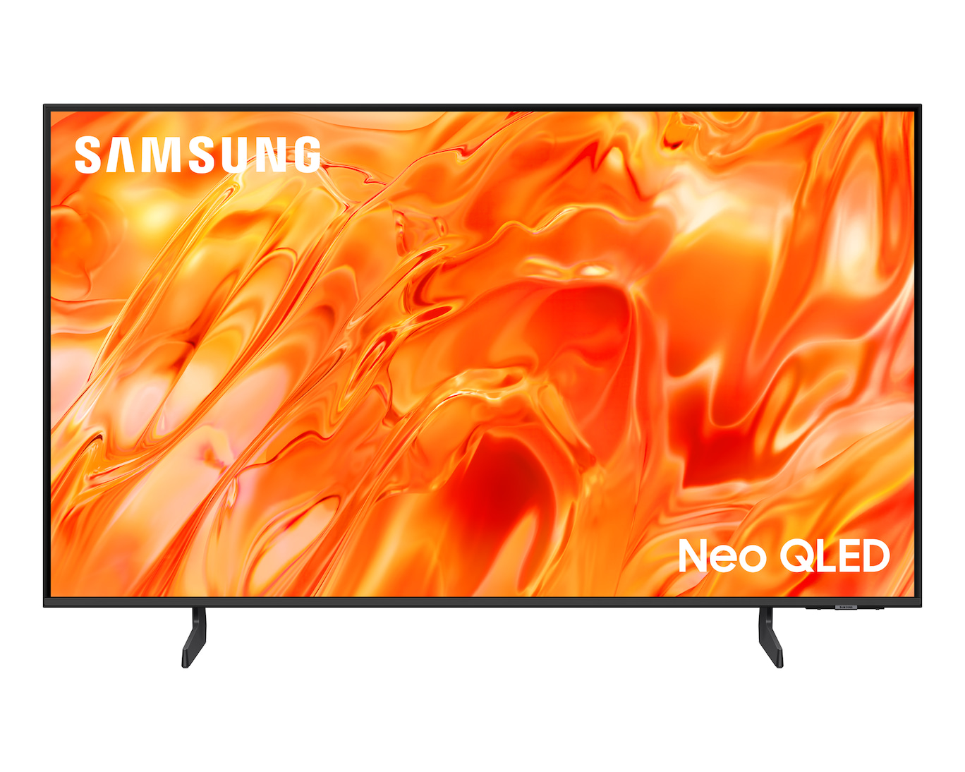 Telewizor Samsung Neo QLED z żywym pomarańczowym abstrakcyjnym tłem.