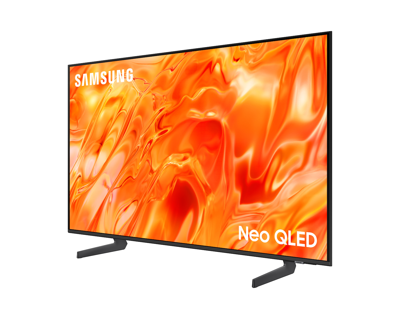 Telewizor Samsung Neo QLED z pomarańczowym abstrakcyjnym tłem na ekranie, na czarnym stojaku.