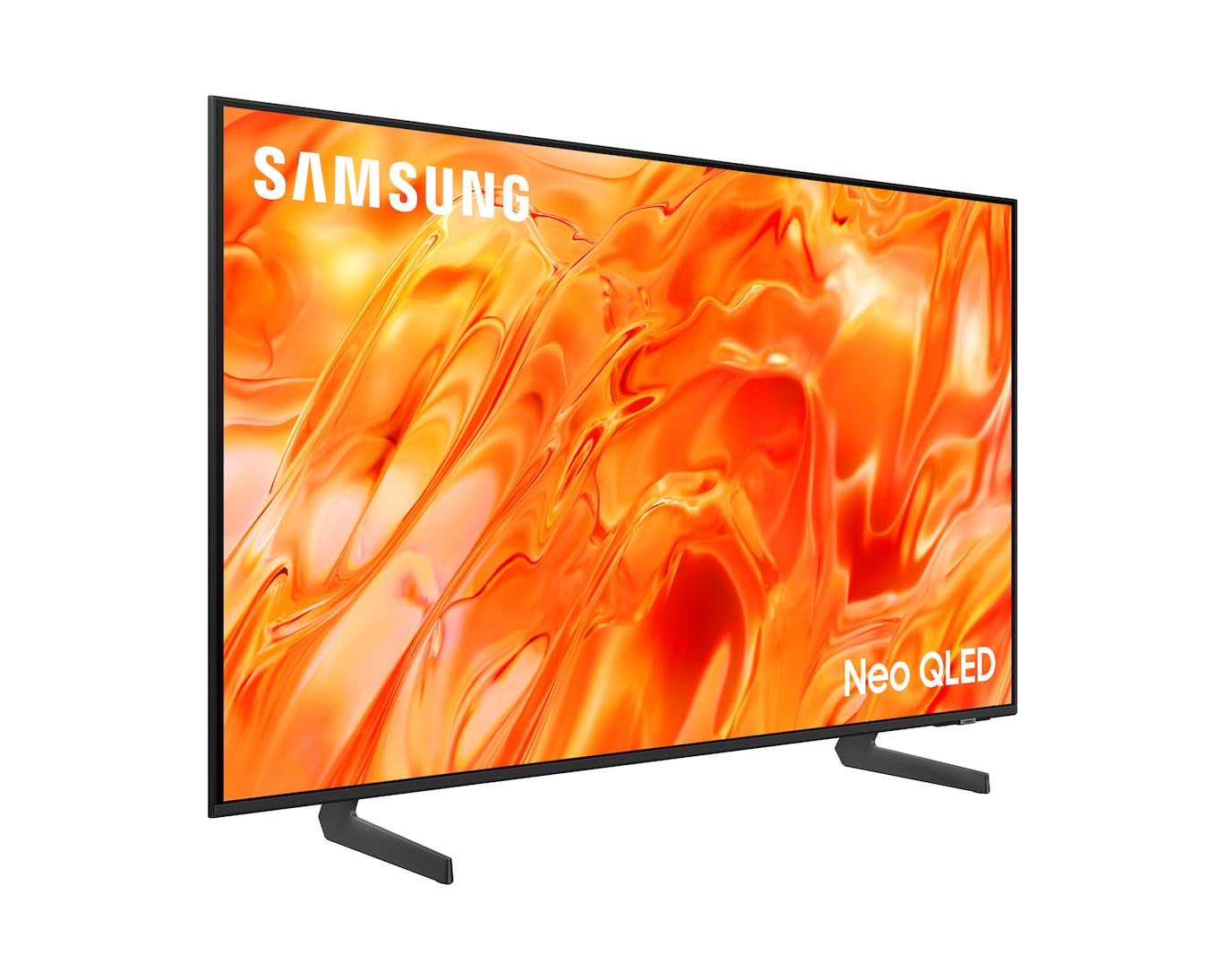 Telewizor Samsung Neo QLED z pomarańczowym, płynnym tłem.