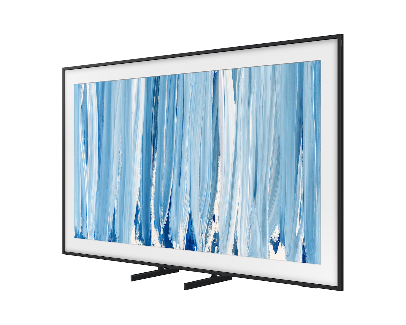 Nowoczesny telewizor z czarną ramką wyświetlający abstrakcyjną sztukę z niebieskimi i białymi pociągnięciami pędzla.