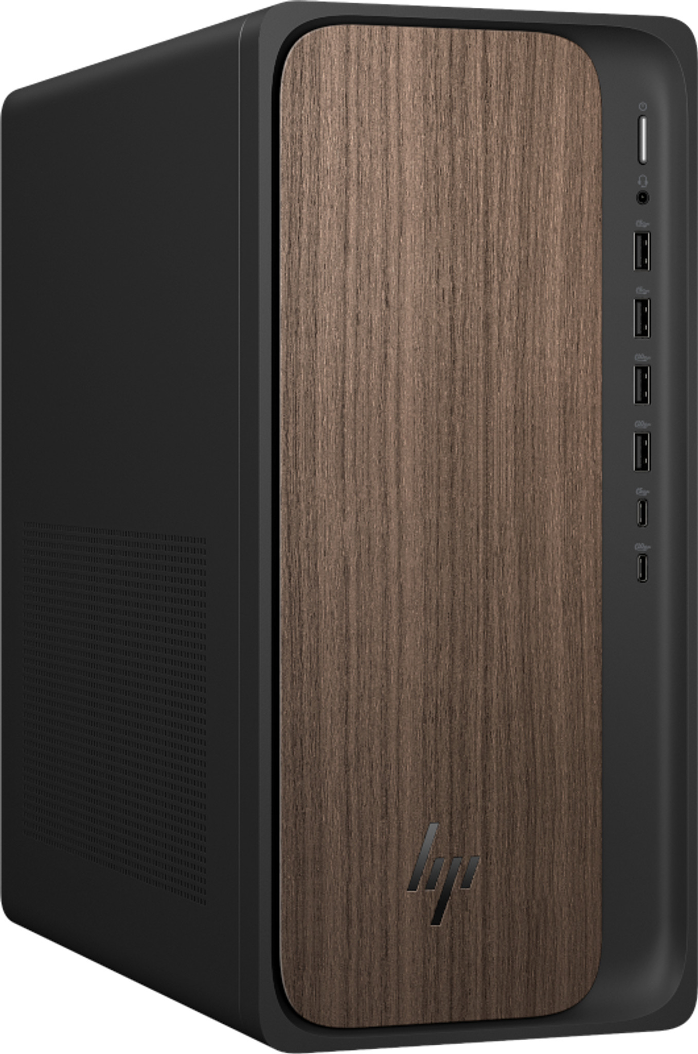 Schwarzer Desktop-PC mit Holzmaserung-Front und seitlichen Anschlüssen.