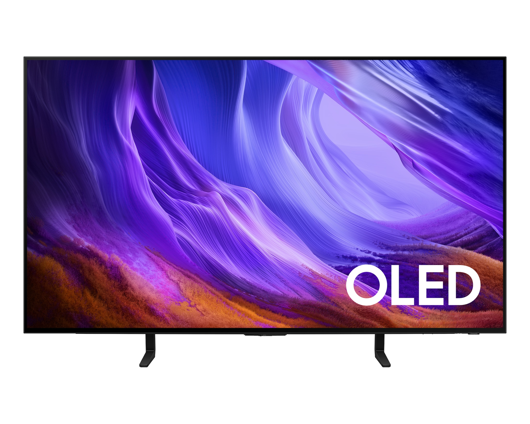 Czarny telewizor OLED z abstrakcyjną fioletowo-pomarańczową tapetą stoi na białym tle.