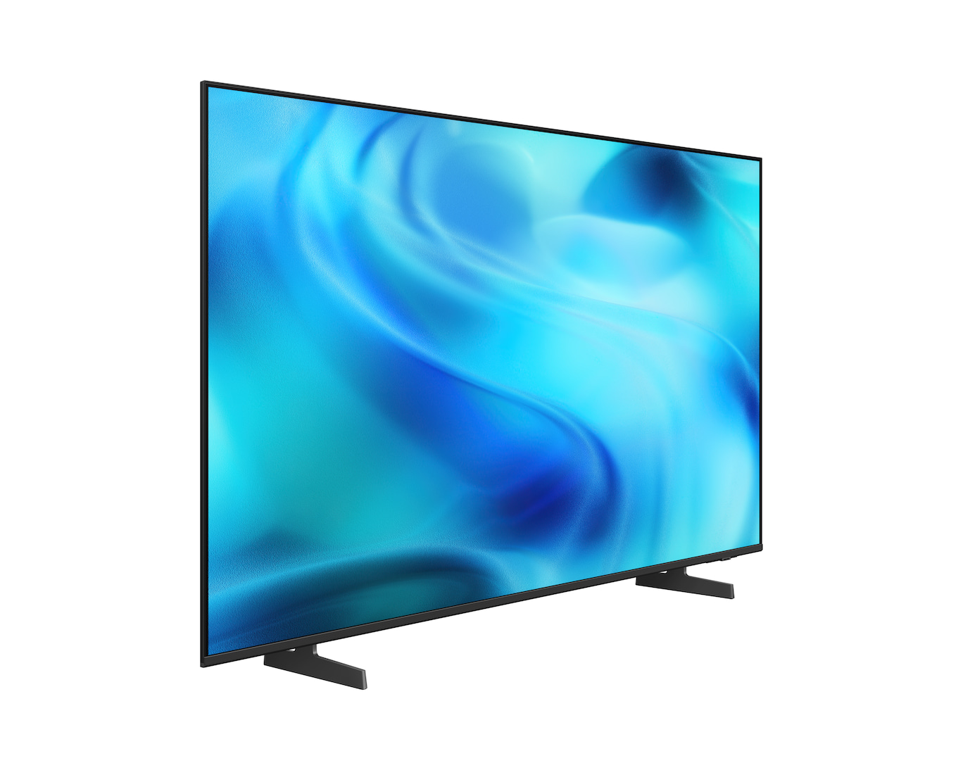 Nowoczesny telewizor z płaskim ekranem wyświetlający niebieski, płynny wzór.