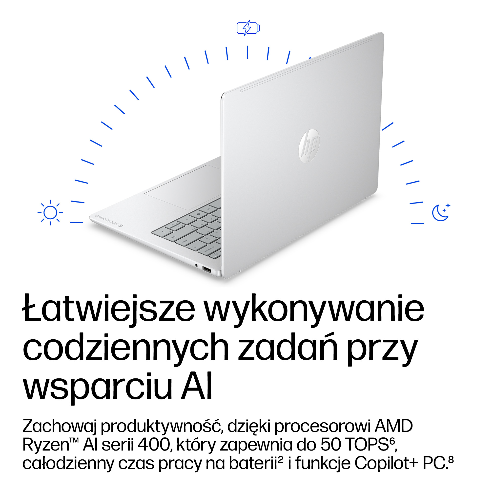 Biały laptop HP z widoczną klawiaturą i logo HP na pokrywie.