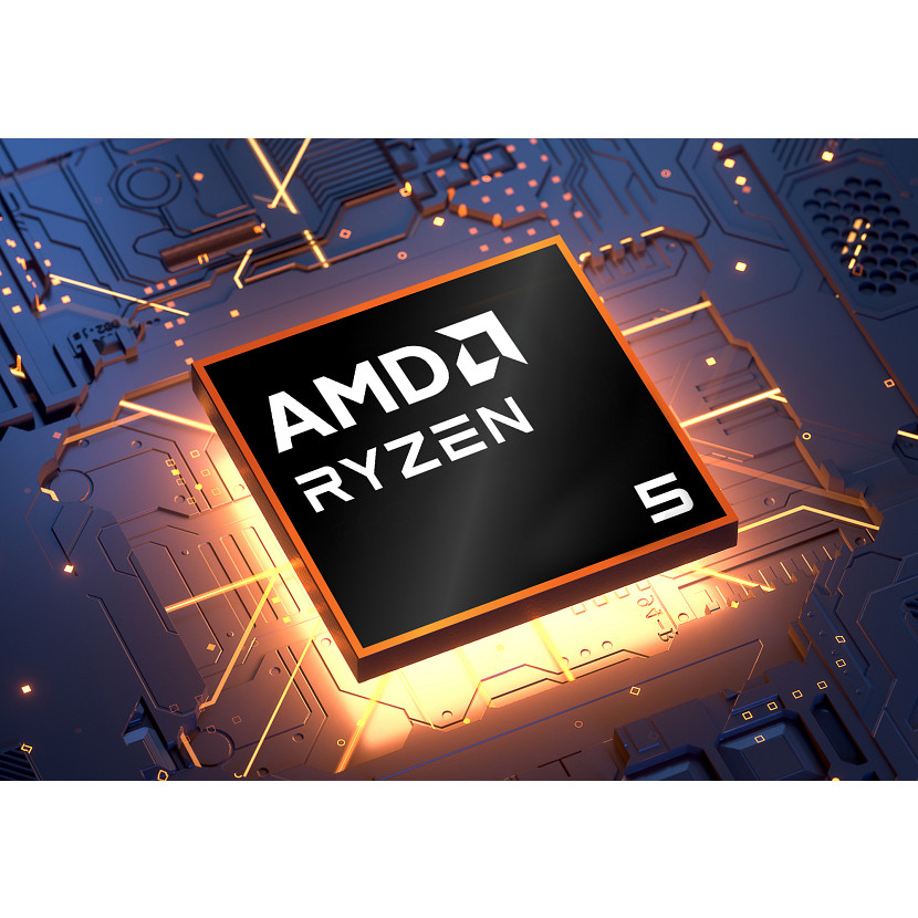 Procesor AMD Ryzen 5 na płycie obwodów z pomarańczowym podświetleniem.