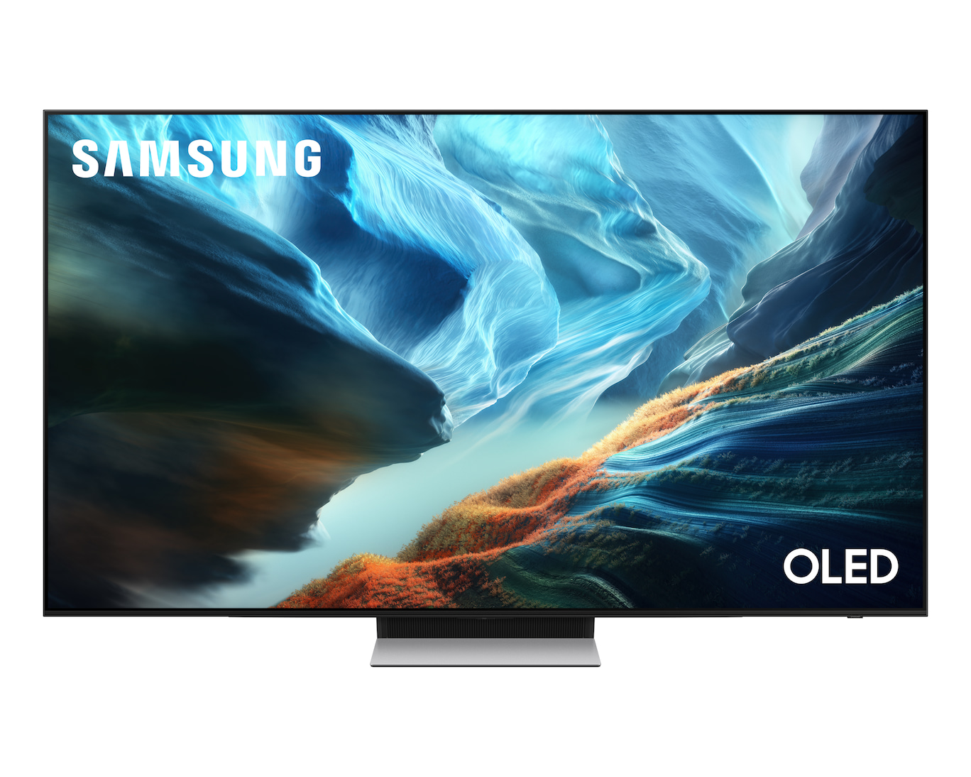 Telewizor Samsung OLED z abstrakcyjnym, falistym krajobrazem.