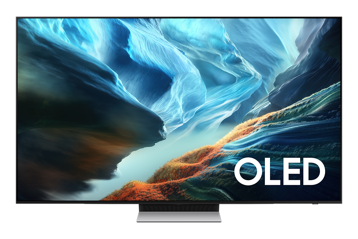 Nowoczesny telewizor OLED wyświetla abstrakcyjny krajobraz w odcieniach niebieskiego i pomarańczowego.