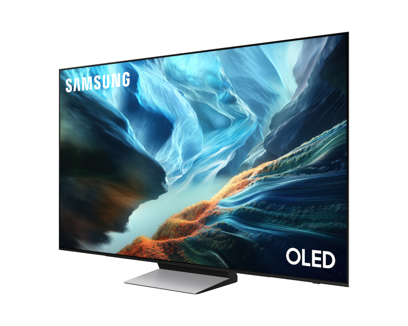 Telewizor Samsung OLED wyświetlający abstrakcyjny, kolorowy obraz tła.