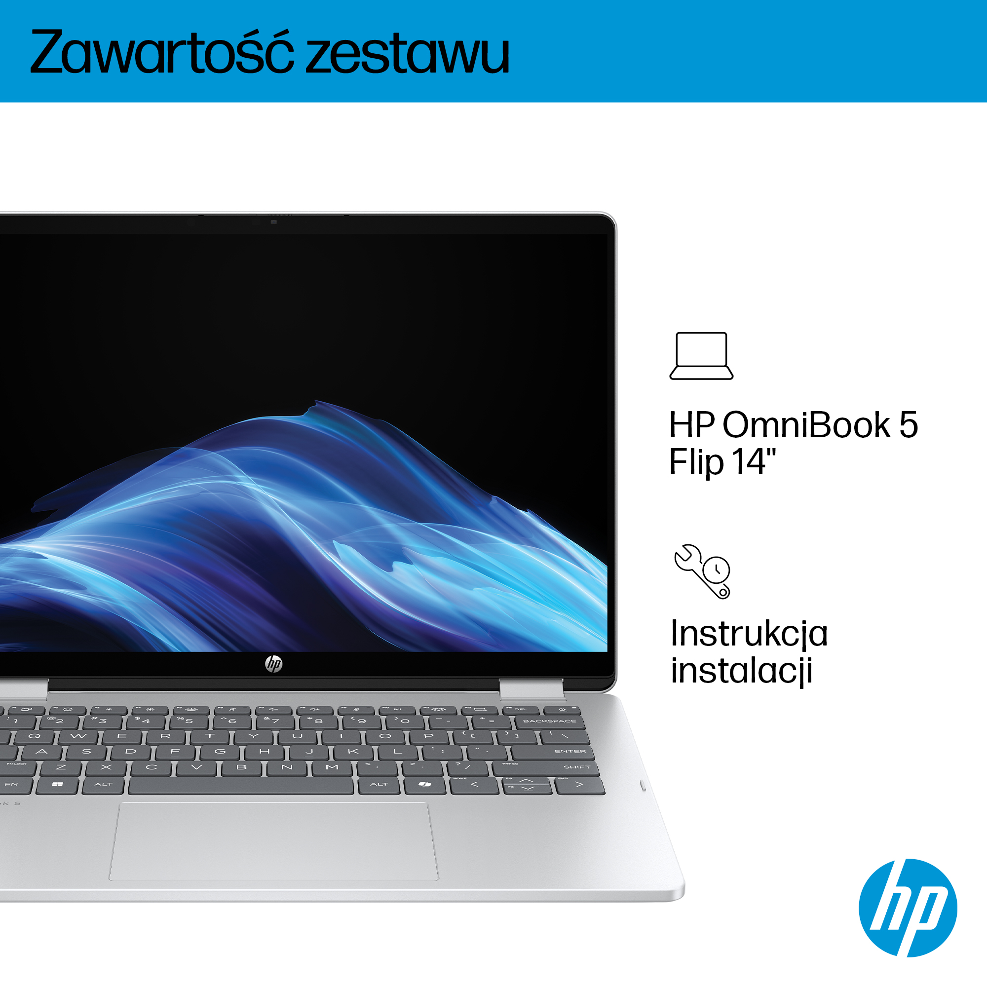 Srebrny laptop HP OmniBook 5 Flip 14 z niebieską abstrakcyjną tapetą.